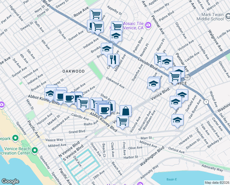 map of restaurants, bars, coffee shops, grocery stores, and more near 734 Palms Boulevard in Los Angeles