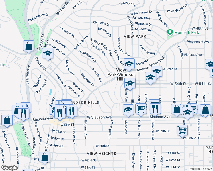map of restaurants, bars, coffee shops, grocery stores, and more near 5434 Angeles Vista Boulevard in View Park-Windsor Hills