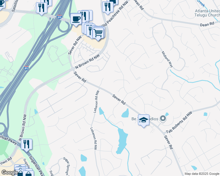 map of restaurants, bars, coffee shops, grocery stores, and more near 1380 Middleburg Hunt in Lawrenceville