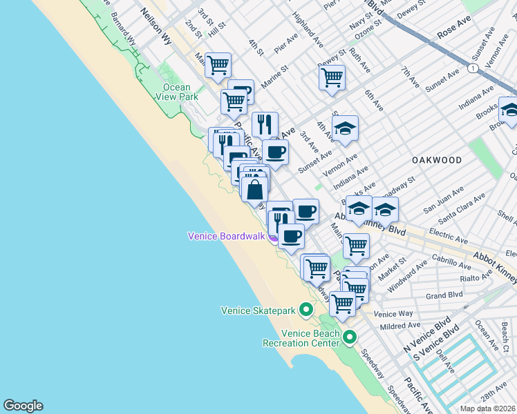 map of restaurants, bars, coffee shops, grocery stores, and more near 517 Ocean Front Walk in Los Angeles