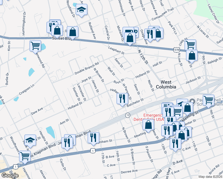 map of restaurants, bars, coffee shops, grocery stores, and more near 1580 Holland Street in West Columbia