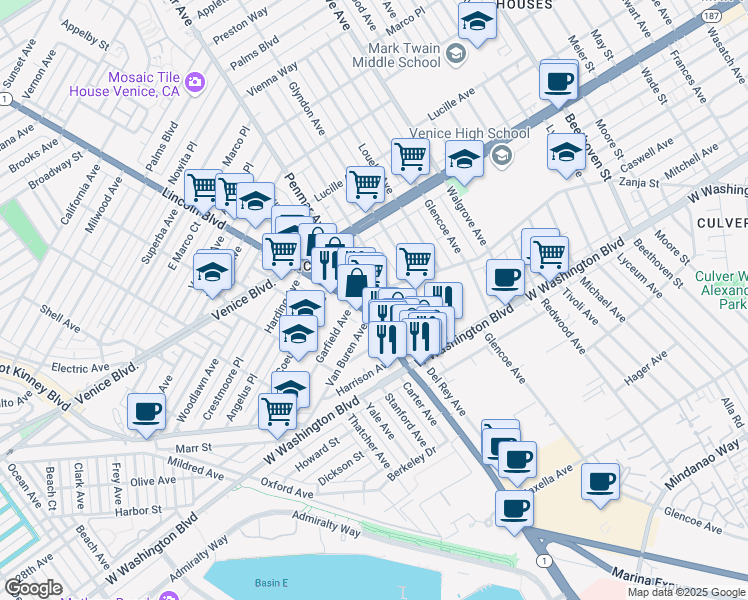 map of restaurants, bars, coffee shops, grocery stores, and more near 2480 Penmar Avenue in Los Angeles