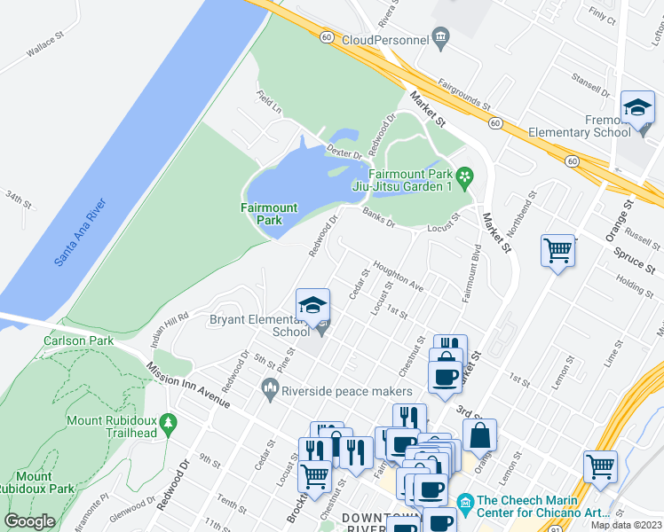 map of restaurants, bars, coffee shops, grocery stores, and more near 3089 Pine Street in Riverside