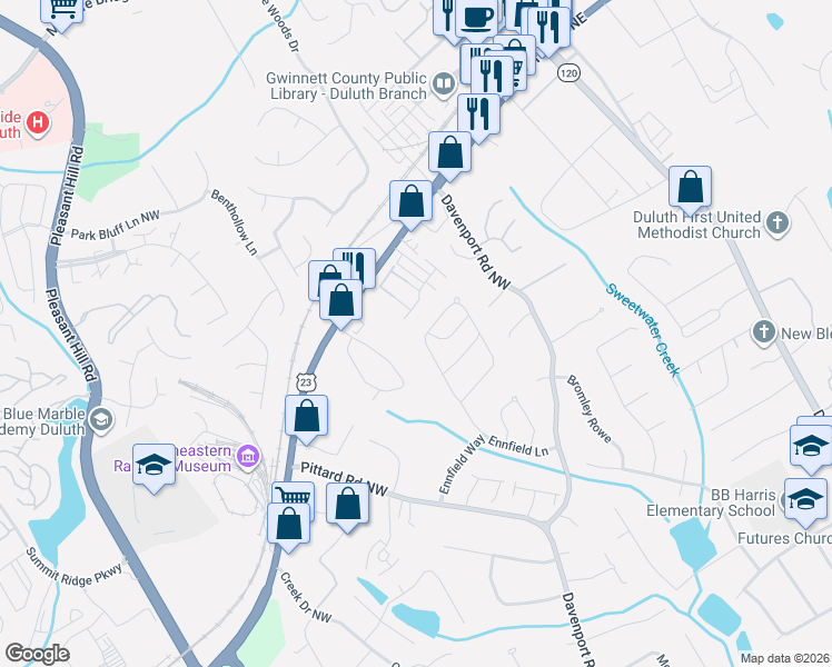 map of restaurants, bars, coffee shops, grocery stores, and more near 3280 Ennfield Lane in Duluth