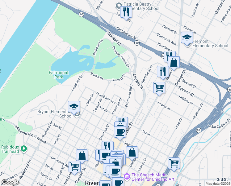 map of restaurants, bars, coffee shops, grocery stores, and more near 2826 Brockton Avenue in Riverside