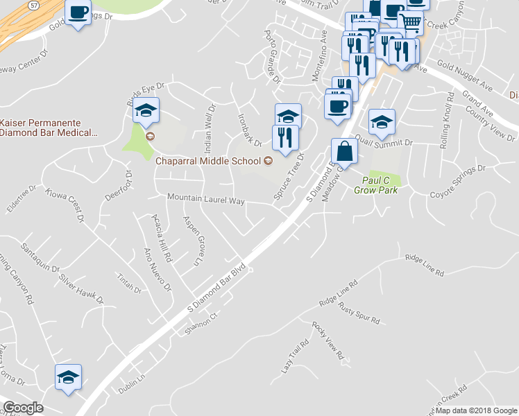 map of restaurants, bars, coffee shops, grocery stores, and more near 22822 Mountain Laurel Way in Diamond Bar