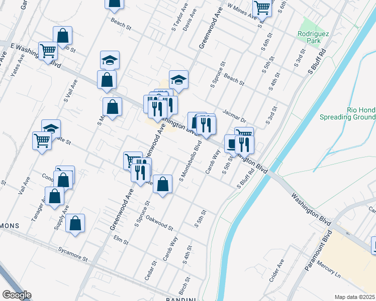map of restaurants, bars, coffee shops, grocery stores, and more near 808 Tola Street in Montebello