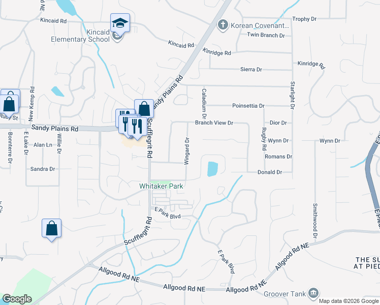 map of restaurants, bars, coffee shops, grocery stores, and more near 1734 Wingard Drive in Marietta