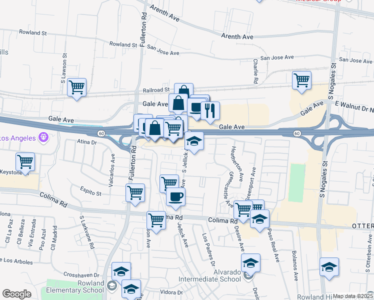 map of restaurants, bars, coffee shops, grocery stores, and more near 1400 South Jellick Avenue in Rowland Heights