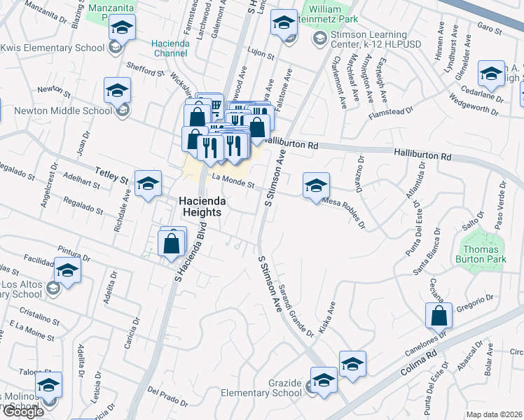 map of restaurants, bars, coffee shops, grocery stores, and more near 2232 South Stimson Avenue in Hacienda Heights