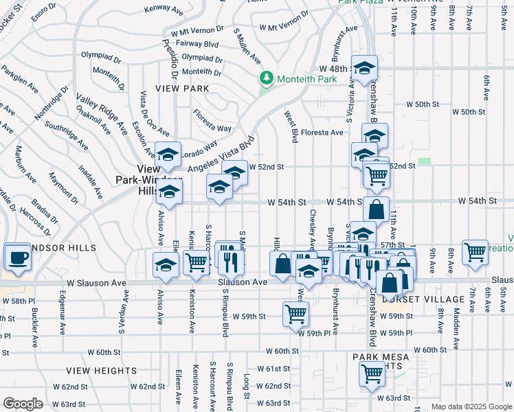map of restaurants, bars, coffee shops, grocery stores, and more near 5403 Deane Avenue in View Park-Windsor Hills