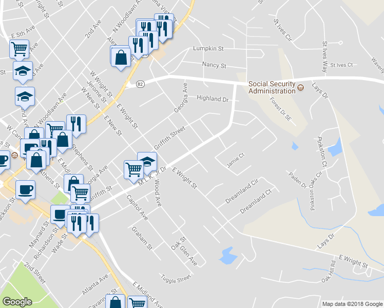 map of restaurants, bars, coffee shops, grocery stores, and more near 202 Shields Street in Winder