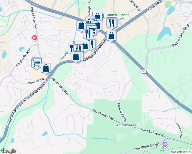 map of restaurants, bars, coffee shops, grocery stores, and more near 1575 Ridenour Parkway Northwest in Kennesaw