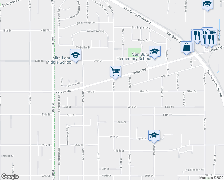 map of restaurants, bars, coffee shops, grocery stores, and more near 5231 Rutile Street in Riverside