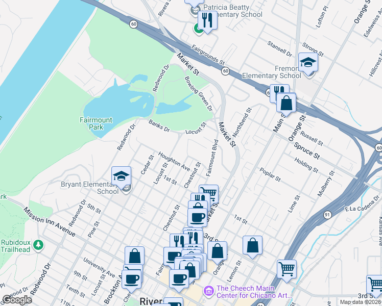map of restaurants, bars, coffee shops, grocery stores, and more near 2826 Brockton Avenue in Riverside