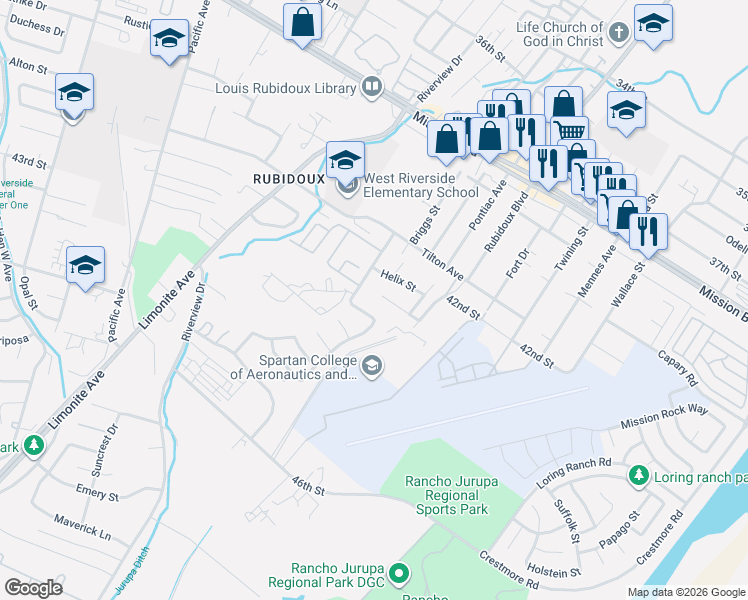 map of restaurants, bars, coffee shops, grocery stores, and more near 5700 Sexton Lane in Riverside