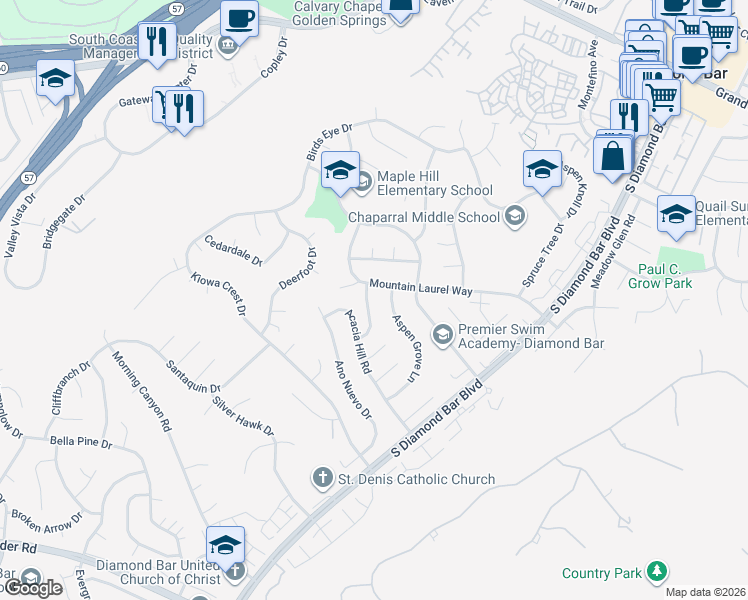 map of restaurants, bars, coffee shops, grocery stores, and more near 1615 Fox Glen Drive in Diamond Bar