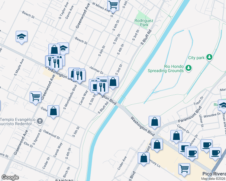 map of restaurants, bars, coffee shops, grocery stores, and more near 938 Lilac Lane in Montebello