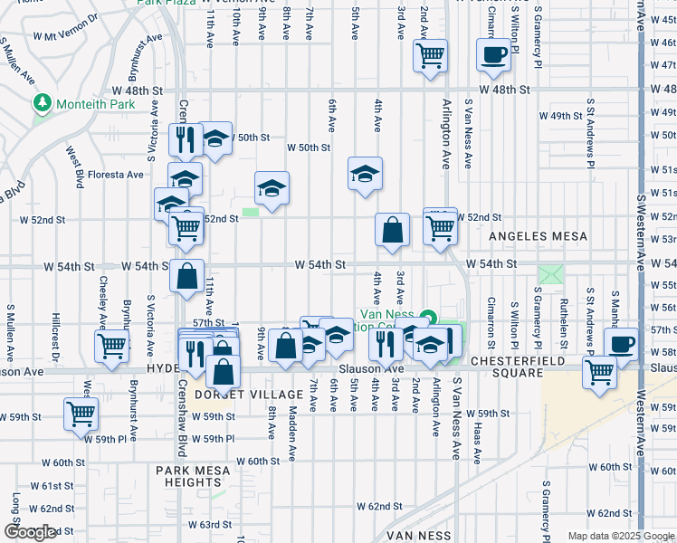 map of restaurants, bars, coffee shops, grocery stores, and more near 2712 West 54th Street in Los Angeles