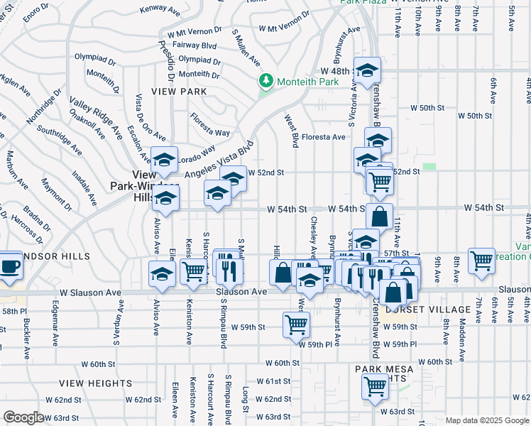 map of restaurants, bars, coffee shops, grocery stores, and more near 5403 Deane Avenue in View Park-Windsor Hills