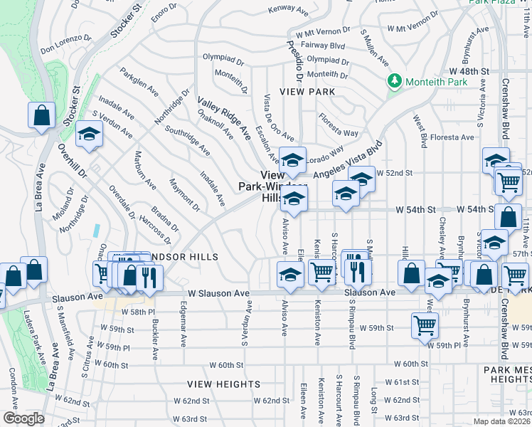 map of restaurants, bars, coffee shops, grocery stores, and more near 5400 Angeles Vista Boulevard in View Park-Windsor Hills