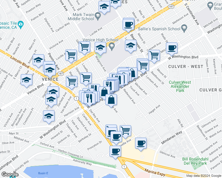 map of restaurants, bars, coffee shops, grocery stores, and more near 3950 Glencoe Avenue in Los Angeles