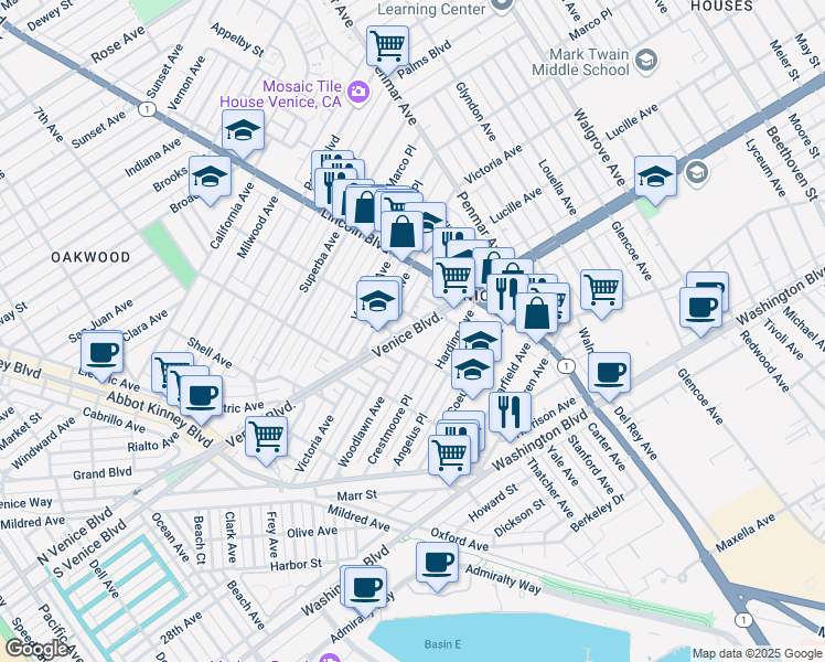 map of restaurants, bars, coffee shops, grocery stores, and more near 847 North Venice Boulevard in Los Angeles