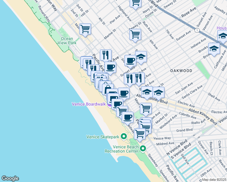 map of restaurants, bars, coffee shops, grocery stores, and more near 34 Sunset Avenue in Los Angeles