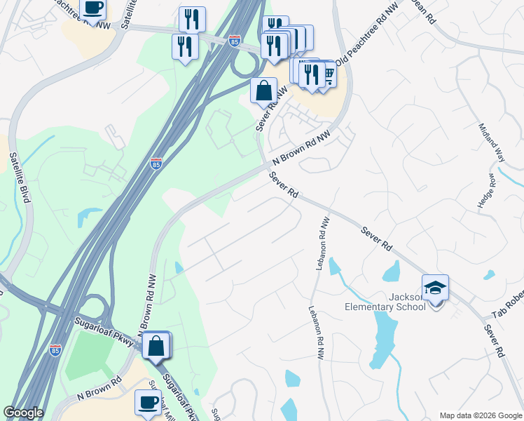 map of restaurants, bars, coffee shops, grocery stores, and more near 2370 Gracehaven Way in Lawrenceville