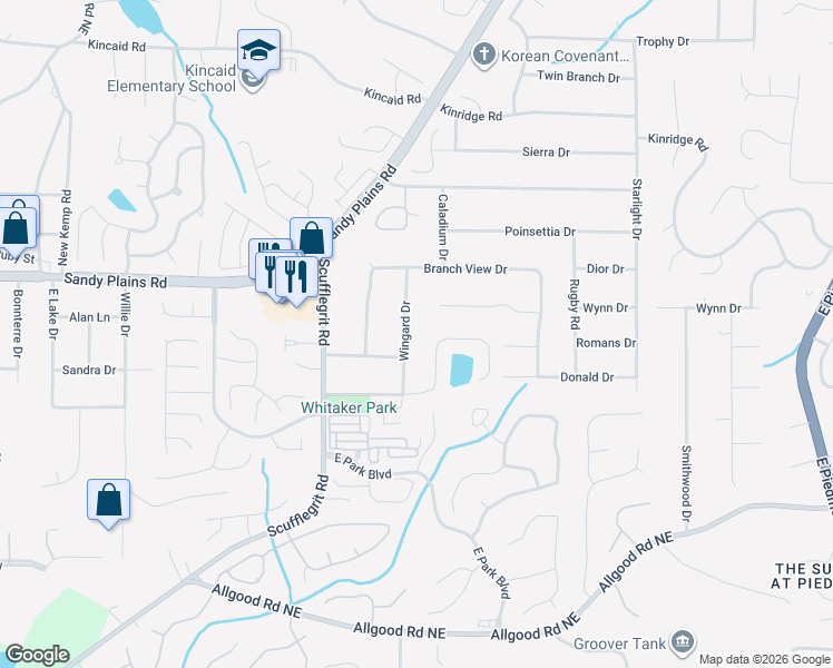 map of restaurants, bars, coffee shops, grocery stores, and more near 1734 Wingard Drive in Marietta