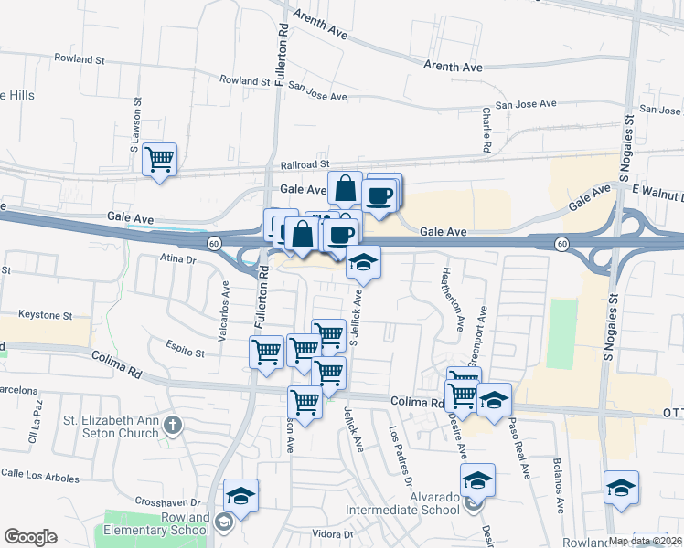 map of restaurants, bars, coffee shops, grocery stores, and more near 18445 Santar Street in Rowland Heights