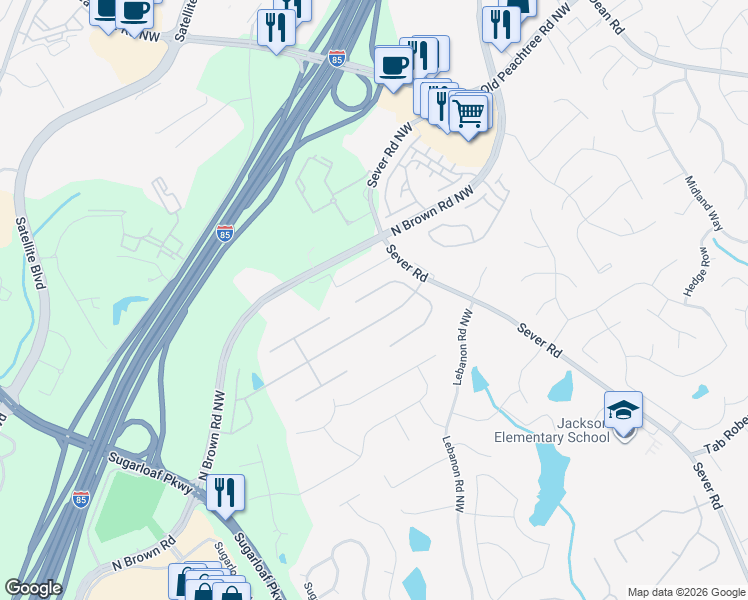 map of restaurants, bars, coffee shops, grocery stores, and more near 2370 Gracehaven Way in Lawrenceville