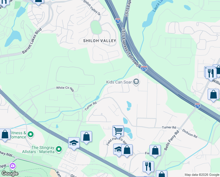 map of restaurants, bars, coffee shops, grocery stores, and more near 1530 Shiloh Manor Court in Marietta