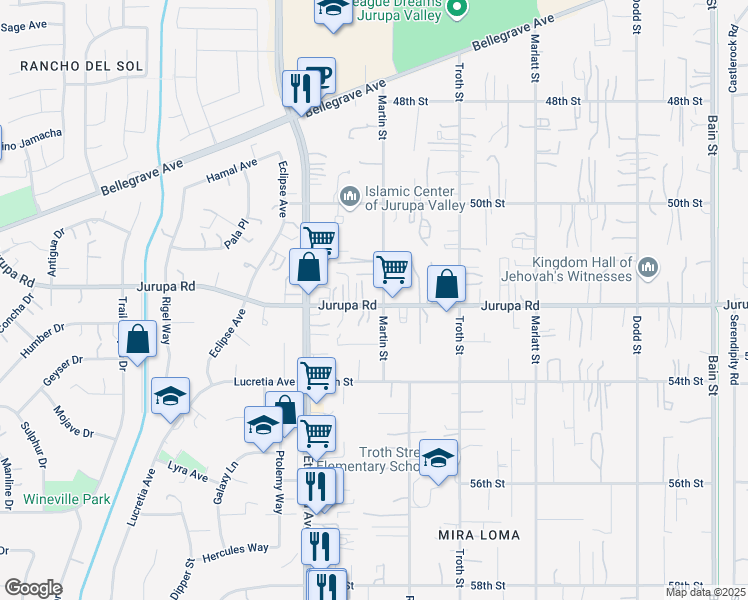 map of restaurants, bars, coffee shops, grocery stores, and more near 10833 Jurupa Road in Jurupa Valley