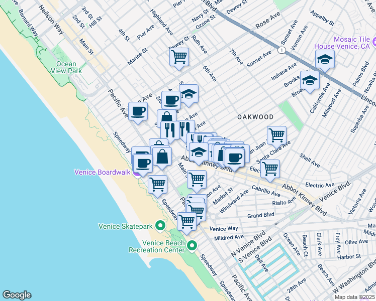 map of restaurants, bars, coffee shops, grocery stores, and more near 1007 Abbot Kinney Boulevard in Los Angeles