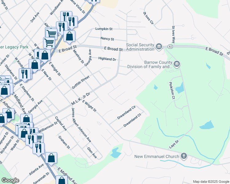 map of restaurants, bars, coffee shops, grocery stores, and more near 312 Mary Alice Dr in Winder