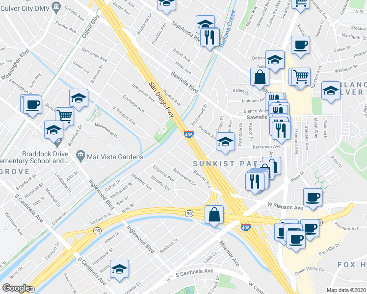map of restaurants, bars, coffee shops, grocery stores, and more near 5164 Dawes Avenue in Culver City