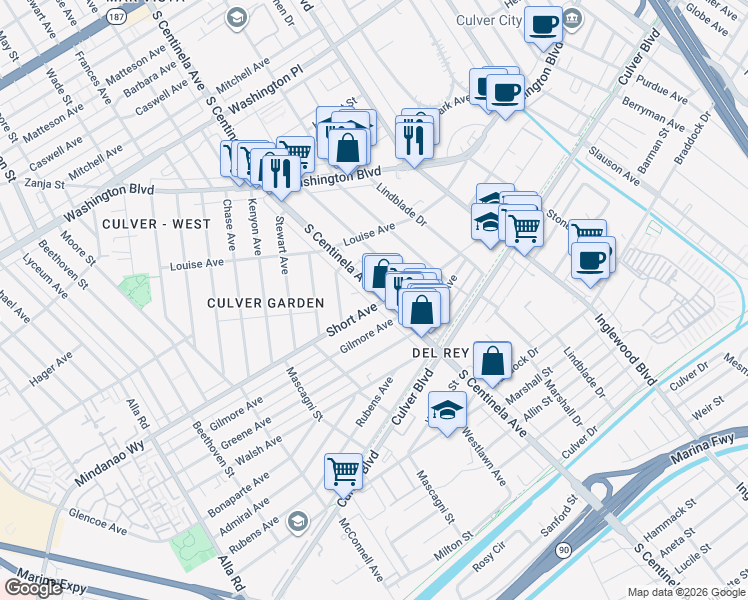 map of restaurants, bars, coffee shops, grocery stores, and more near 4457 South Centinela Avenue in Los Angeles