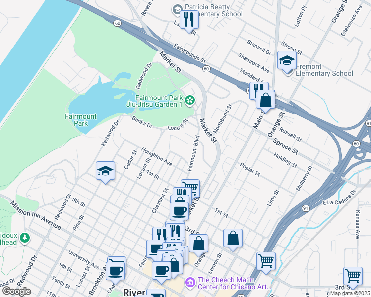 map of restaurants, bars, coffee shops, grocery stores, and more near 3936 Park View Terrace in Riverside