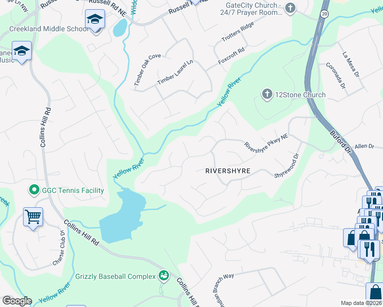 map of restaurants, bars, coffee shops, grocery stores, and more near 1495 Rivershyre Parkway Northeast in Lawrenceville