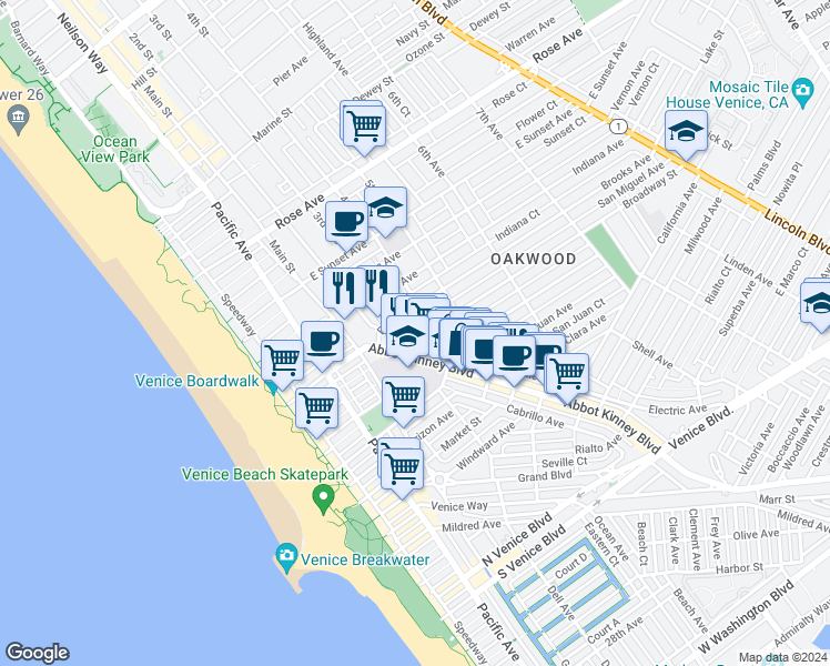 map of restaurants, bars, coffee shops, grocery stores, and more near 301 Broadway Street in Los Angeles