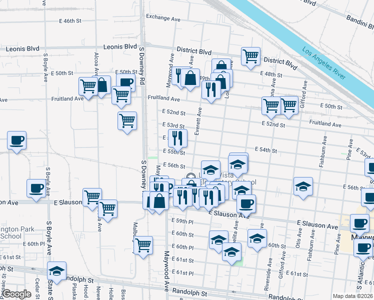 map of restaurants, bars, coffee shops, grocery stores, and more near 3557 East 55th Street in Maywood