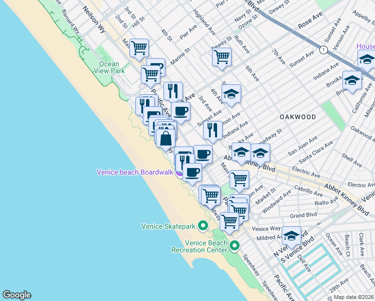 map of restaurants, bars, coffee shops, grocery stores, and more near 45 Thornton Avenue in Los Angeles
