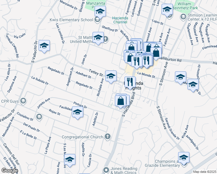 map of restaurants, bars, coffee shops, grocery stores, and more near 2361 Village Ct in Hacienda Heights