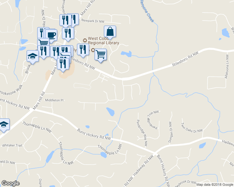 map of restaurants, bars, coffee shops, grocery stores, and more near 1608 Climbing Rose Court Northwest in Kennesaw
