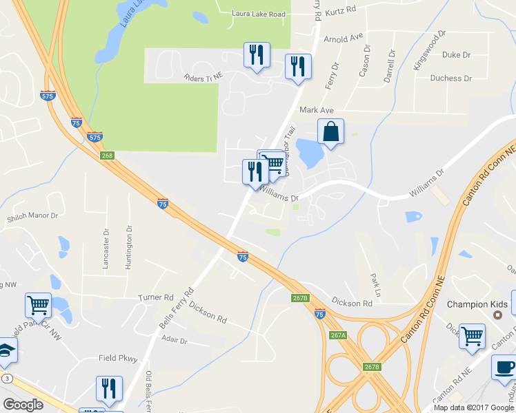 map of restaurants, bars, coffee shops, grocery stores, and more near 155 Bridgestone Drive in Marietta