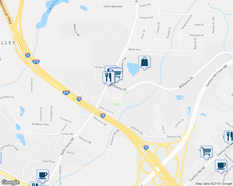 map of restaurants, bars, coffee shops, grocery stores, and more near 1754 Bridgestone Court in Marietta