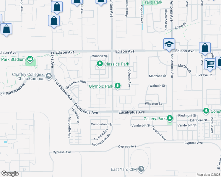 map of restaurants, bars, coffee shops, grocery stores, and more near 14348 Mountain Avenue in Chino