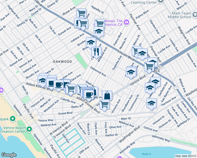 map of restaurants, bars, coffee shops, grocery stores, and more near 738 Palms Boulevard in Los Angeles