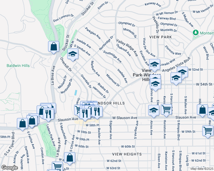 map of restaurants, bars, coffee shops, grocery stores, and more near 5329 Marburn Avenue in View Park-Windsor Hills